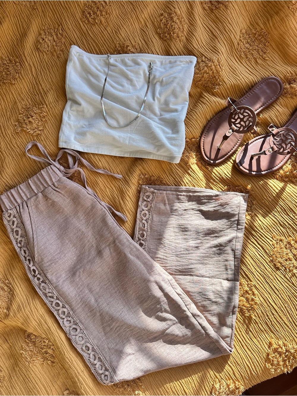SHEIN Lace-Trim Wide Leg Linen Pants in Light Taupe